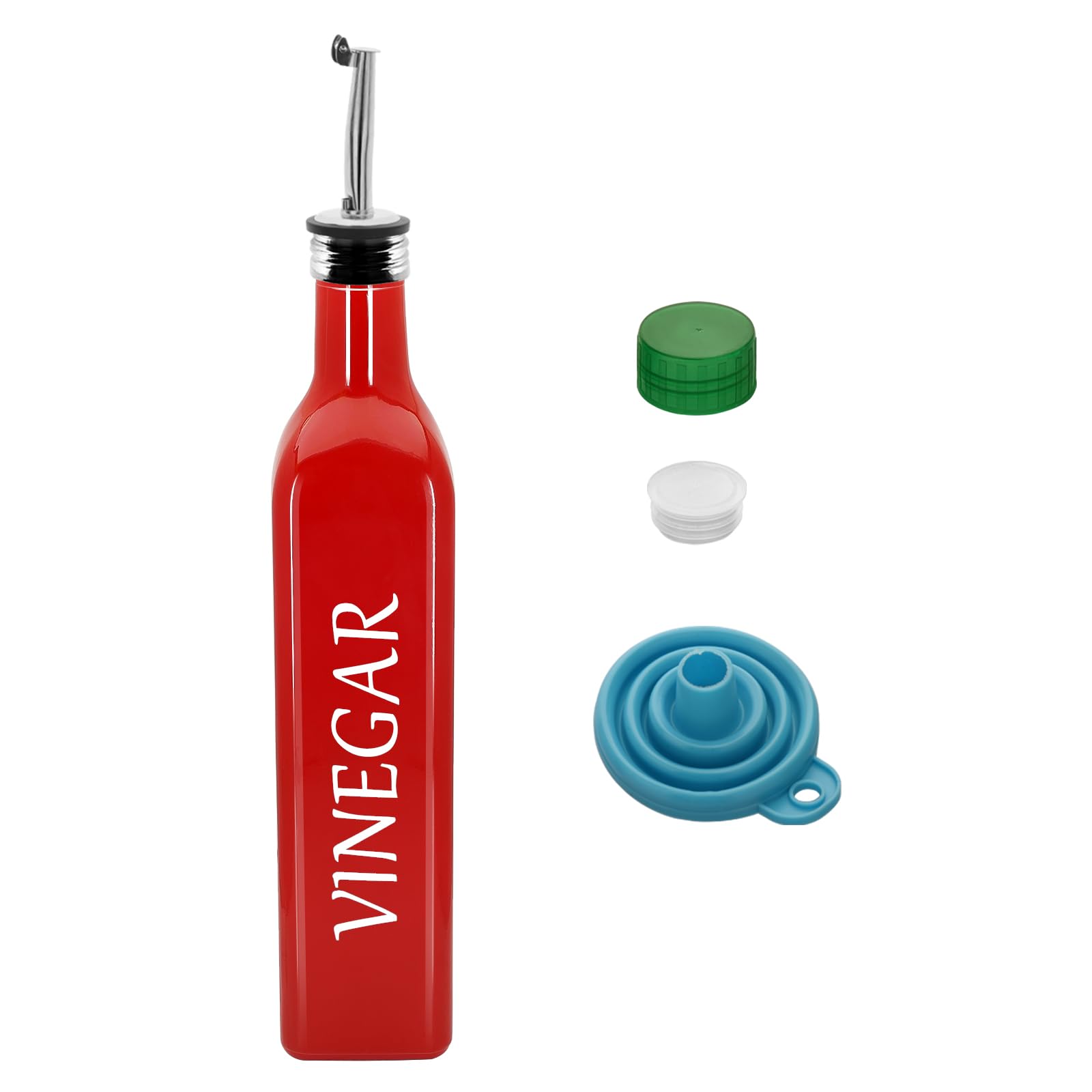 1 Pc 17oz Olive Dispenser Bottle,500ml Glass Oil and Vinegar Dispenser Set with 1 Stainless Steel Pourers,Funnel Bottles for Kitchen (Red Vinegar)