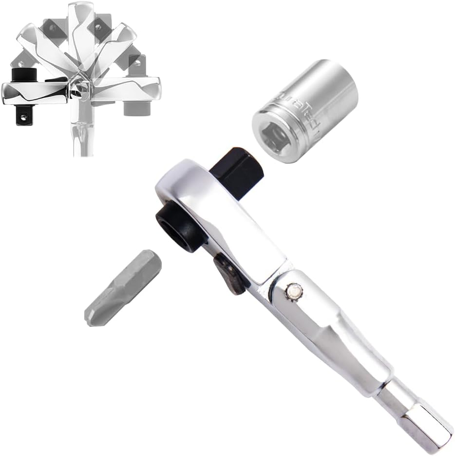 Flex Head Ratchet Wrench,2 in 1 Mini Hex Bits Adapters for Socket & Bit Driver,1/4 Inch Stubby Ratchet Wrench,72-Tooth Gear