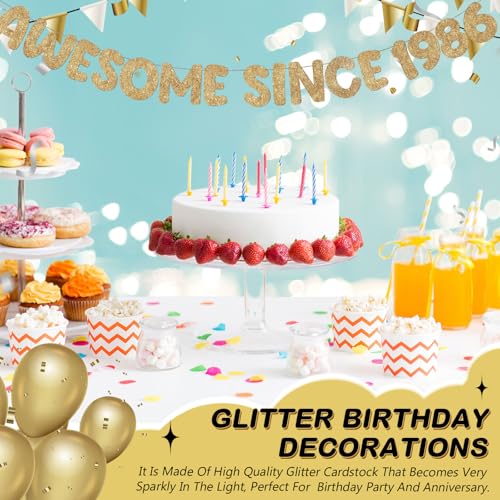 Image of Fulmoon Pre-strung Awesome Since 1986 Banner Glitter Happy 40th Birthday Banner Funny 40th Birthday Decorations 1986 Party Decorations for Men Women Anniversary(Champagne Gold)