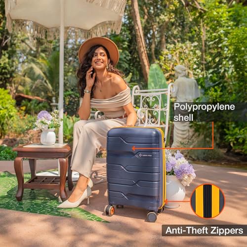 Image of Nasher Miles Cannes Hard-Sided Polypropylene Cabin Luggage 20 inch | 55cm | 8 Wheels Small Trolley Bag for Travel | Suitcase (Navy Blue Yellow)