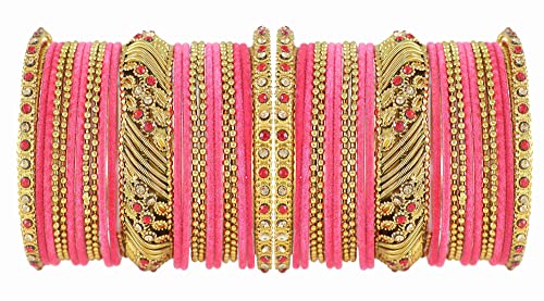Image of NMII Metal with Zircon Gemstone and Beads Studded Ball Chain Linked Glossy Finished Velvet Bangles Chuda set for Women and Girls