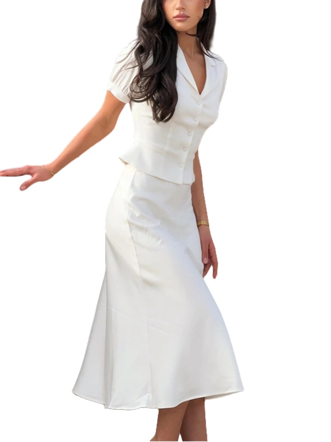 Womens Elegant Two-Piece Sets Puff Sleeve Lapel Top and Mermaid Skirt Commute Office Lady Outfits Suits