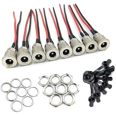 lkelyonewy 8Pack Female DC Threaded Barrel Jack Panel Adapter 5.5mm x 2.1mm Connector 18AWG Wire DC Power Jack Panel Mount Socket 2 Pin Solder Type with Dustproof Plug for MP3 Phone Audio Video Cover