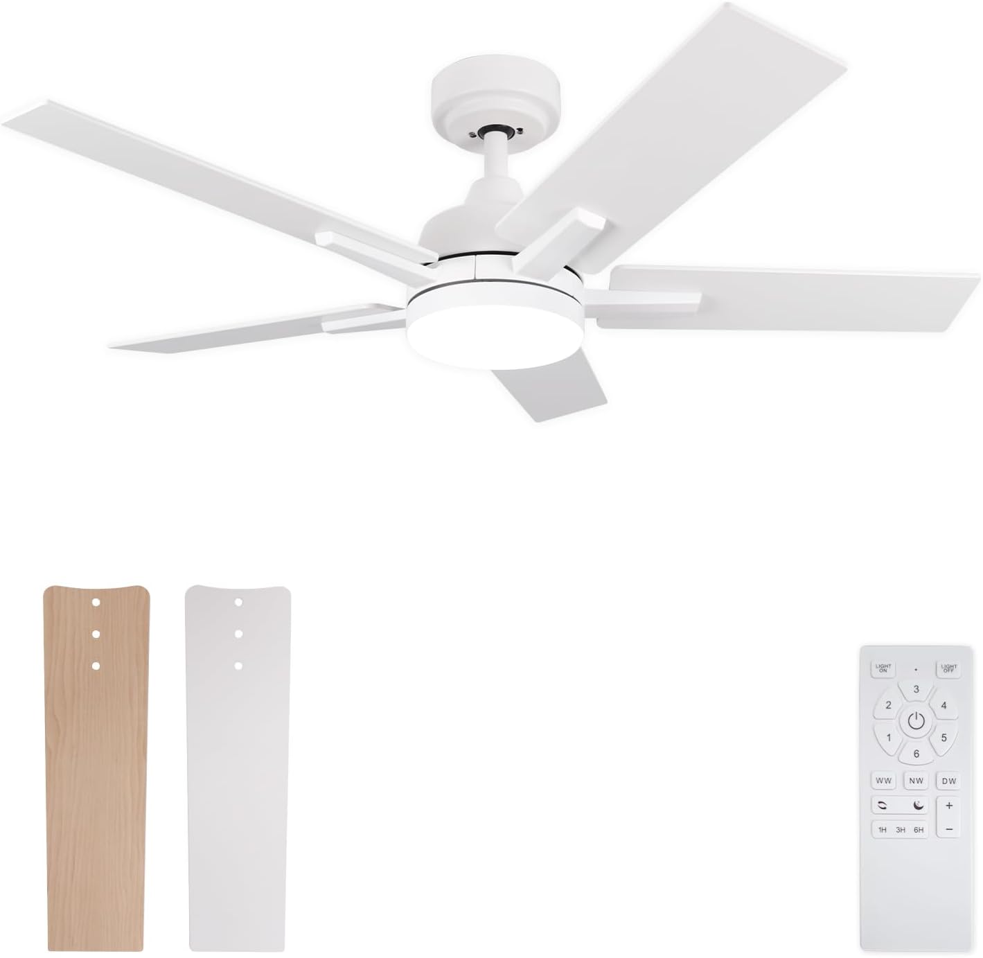 42 Inch Ceiling Fan, Smart Ceiling Fan with Remote/APP, White Ceiling Fan with 6-Speeds Reversible Motor, Alexa Ceiling Fan with 5 Two-sided Blades Dimmable Noiseless for Indoor Bedroom/Outdoor