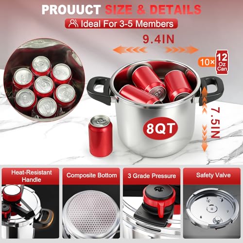 Image of 3-In-1 Stainless Steel Pressure Cooker 8 QT: [Save 70% Time] [3 PSI Settings], One-Hand Locking Pressure Canner, Induction Compatible, Glass Lid & Steamer Rack Included, Olla de Presion
