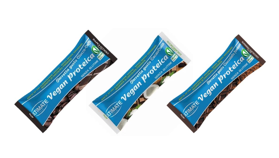 Ultimate-Italia | Barretta Vegan con 27% di proteine vegetali - box con 24 barrette proteiche da 40gr assortite nei gusti Cacao/Cocco, Cioccolato Fondente e Caffè