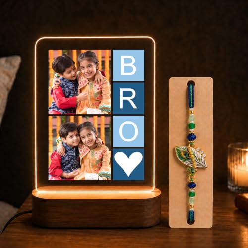 Image of Giftplease Personalized LED Photo Frame Rakhi Gift Set for Brother - Custom Acrylic Night Light, Premium Designer Rakhi, Roli Chawal & Greeting Card | Perfect Rakshabandhan Gift Combo for Bhaiya