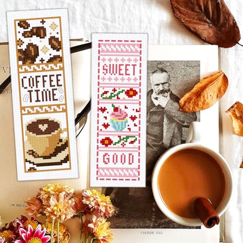 Image of BEUNITONE 6 Pcs Cross Stitch Bookmark Kit for Beginner Coffee and Sweet Time Theme Hand Embroidery Kit with Instruction Tea Stamped Embroidery Bookmarks Handmade for DIY Crafts Book Lovers 8.5''x3''