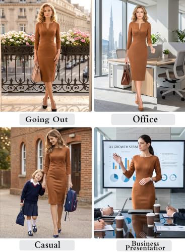 Image of VFSHOW Womens Work Business Office Zipper Up Slim Bodycon Sheath Dress | 3 /4 Sleeve, Crew Neck, Front Zipper, Crisscross Waist, Church Spring Fall Pencil Dress