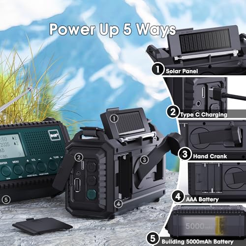 Kurbelradio DAB/DAB+/UKW, Baustellenradio Radio Batteriebetrieben, Tragbare Solar Notfallradio mit 5000mAh Wiederaufladbare Akku, LED Taschenlampe & Leselicht, IPX4, SOS-Alarm für Outdoor, Camping