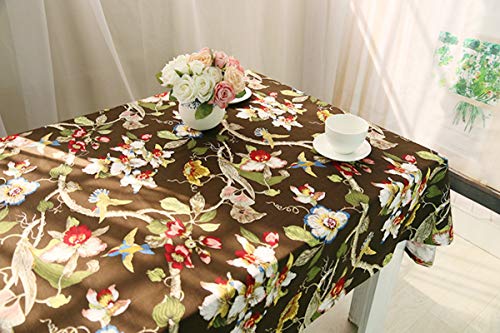 Nappe lin coton oiseaux et fleurs café 140x180cm pour table rectangulaire moderne
