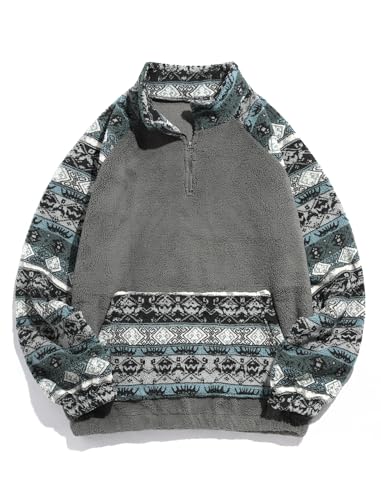 Image of ZAFUL Men 1 /4 Zipper Ethnic Aztec Fleece Unisex Winter Sweatshirt Tops 2026 | Funnel Neck Fluffy Polar Fleece Faux Sherpa Soft Thermal Pullover Kangaroo Pocket Jacket Hoodie Tops