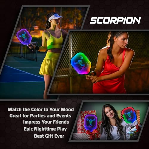 Image of SCORPION LED Pickleball Paddles Set of 2 or 1 - Lightweight Rackets with LED Edge Lighting | Carbon Fiber /Fiberglass /Wood Face | Durable Paddles for Women, Men, and Kids | Includes Bonus Accessories