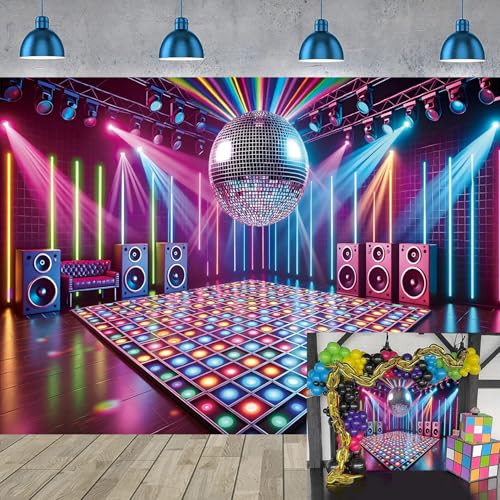 Disco Stage Backdrop Retro Rock Music Disco Ball Glow Colorful Photography Background 70s 80s 90s Night Club Neon Dance Prom Birthday Party Decoration Banner Photo Props (8x6FT)