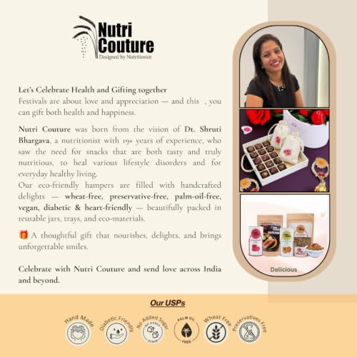 Image of Nutri Couture Healthy Rakhi Gift Box | Chocolate Rocks, Cranberry Oat Cookies, Dates Laddu, 2 Designer Rakhis, Tilak Plate, Roli & Chawal | Rakhi Design May Vary