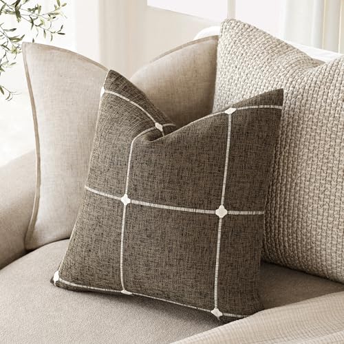 Image of Foindtower Pack of 2 Decorative Faux Linen Jacquard Check Throw Pillow Covers Farmhouse Cushion Cover with Grid Textured Accent Pillowcase for Couch Sofa Living Room Home Decor,16x16 Inch,Cocoa Brown