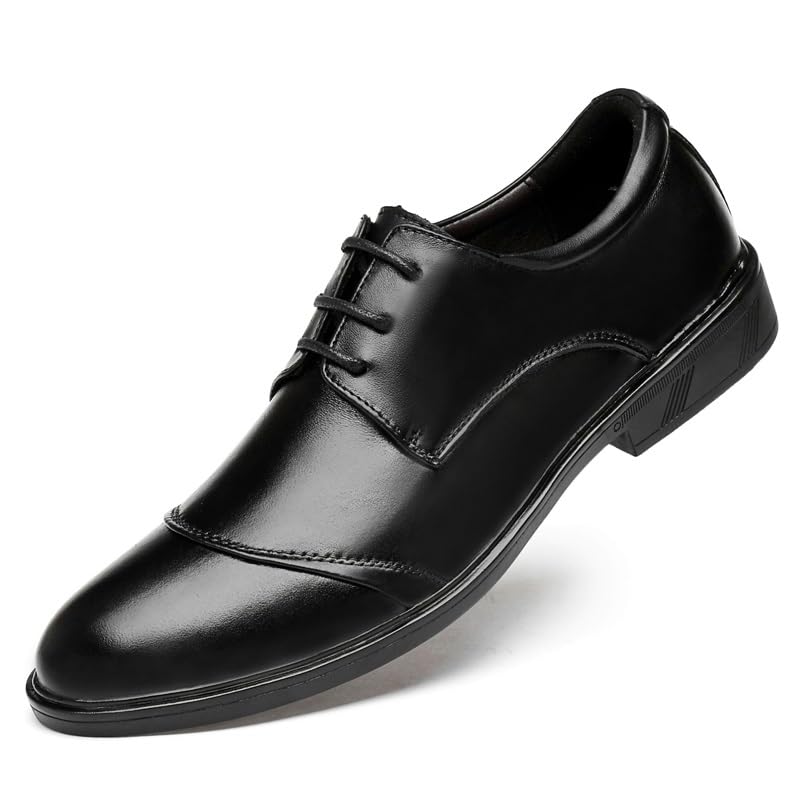 Dress Shoes for Men Lace Up Round Toe Genuine Leather Cap Toe Derby Shoes Block Heel Anti-Slip Non Slip Resistant Low Top Party
