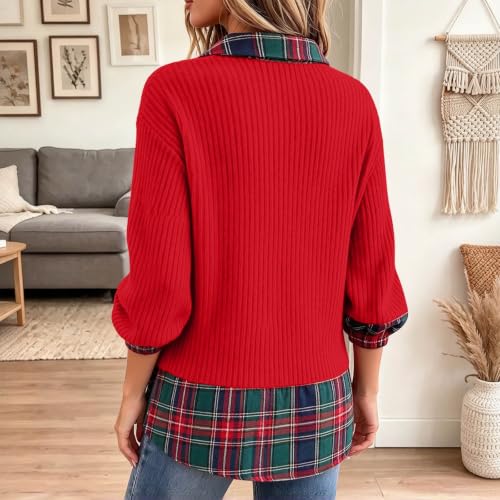 Christmas Sweatshirts for Women V-Neck Waffle Knit Patchwork Plaid Shirt - image 3