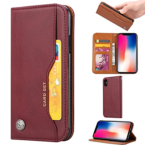 Coque en cuir iPhone X luxe bordeaux style portefeuille kickstand