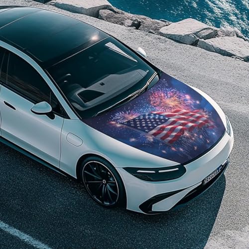 Image of American Flag Fireworks Car Hood Cover Protector 59x39 Inch Auto Hood Wrap Blankets Stretchable Waterproof Sun Proof Auto Patriotic Decorations for Sedans SUV Trucks