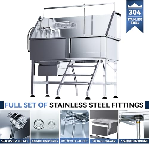 Image of 46 inch Dog Washing Station, Professional Stainless Steel Dog Bathtub w /Ramp & Storage Drawer, Adjustable Grate, Non-Slip Design, Perfect for Home Grooming & Large Dogs (46 inch Right Stair)