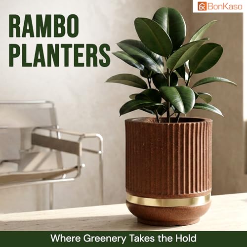 Image of BonKaso 14 Inch Tower Plant Pot for Indoor & Outdoor | Modern Lightweight Polymer Planter | Weather, UV & Frost Resistant | Ideal for Living Room, Balcony, Office & Nursery (Antique Brown)
