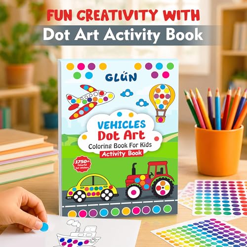 Image of GLUN Vehicles Dot Art Sticker Activity Book, 28 Pages for Kids 3-6 Years | 1750+ Colorful Stickers | Cars, Trucks, Letter Recognition & Fine Motor Skills Activities
