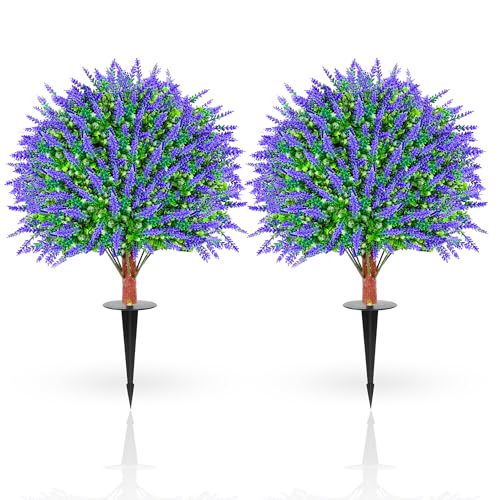 JTING' CHOISIR Set of 2 Artificial Lavender Boxwood Topiary Ball Trees with Ground Spike, 26 Inches UV Resistant Fake Evergreen Plant Bushes Shrubs for Indoor Outdoor Front Porch Garden (Lavander)
