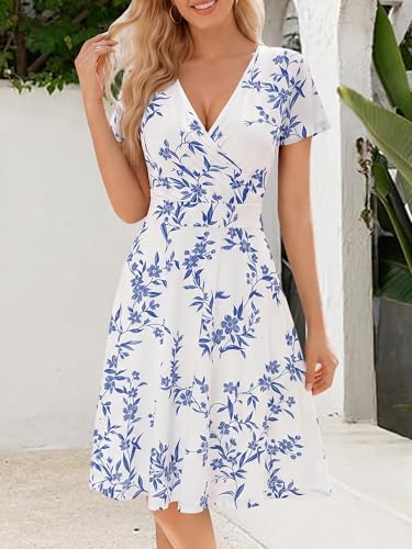 Image of MSBASIC Womens Summer Wrap V Neck Casual Dresses Floral Short Sleeve A-Line Midi Sundress