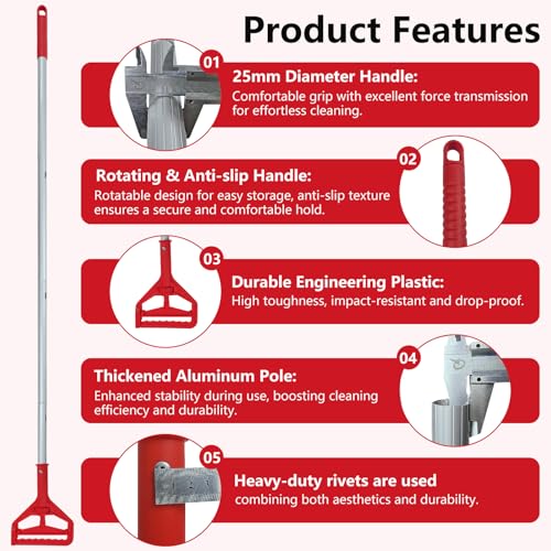 Image of Mop Handle Commercial Heavy Duty Commercial Mop Handle Mop Pole & Mop Stick Replacement Aluminum Industrial Mop Handle with Threaded Clamping Device, Suitable for Cotton & Fiber Mop Heads