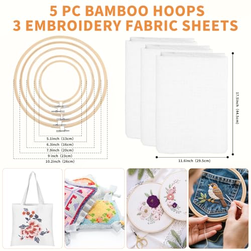 Qixora DIY Stickerei Kit, 120 Farbfäden Stickerei Starter Kit, Leicht zu Lagern Kreuzstich Set für Erwachsene, 3 Aida Tücher und Kreuzstich Werkzeug Set mit 5PCS Bambus-Stickrollen Embroidery Kit