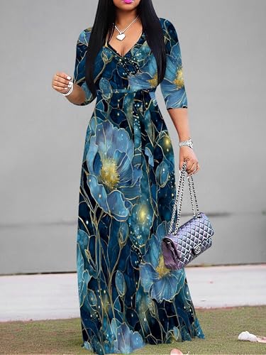 Image of Plus Size Dresses for Women Floral Print Maxi Dress Flowy 3 /4 Sleeve with Belt