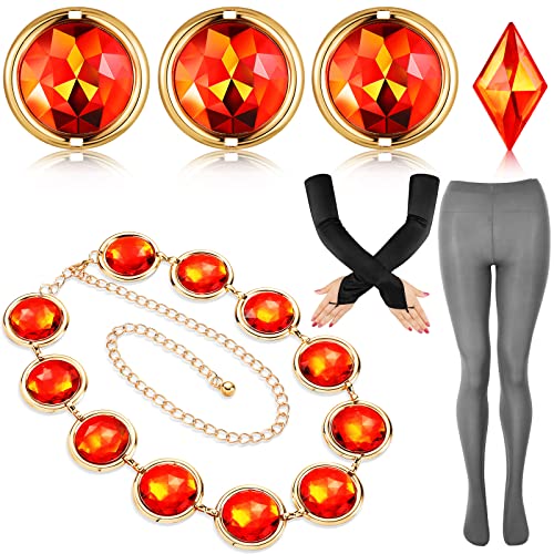 7 Pcs Halloween Cosplay Waist Belt Women Opera Satin Gloves High Waisted Leggings with Red Gems Diamond Rhinestones (Black, Light Gray)