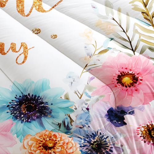 Image of AILONEN Queen Welcome Birthday Comforter Set, 3 Piece Rainbow Floral Butterfly Bedding, Gold Script Party Decor, Lightweight Microfiber Luxury Guest Master Bedroom