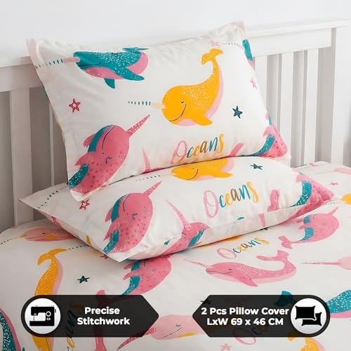 Image of Story@Home Kids Double Bed Bedsheet Set - 180 TC Cotton Blend, Bubbly Buddies Design in Baby Pink & Yellow- 225 x 250 cm with 2 Pillow Covers - Soft Bedding for Boys & Girls | Kids Bedsheet for Double