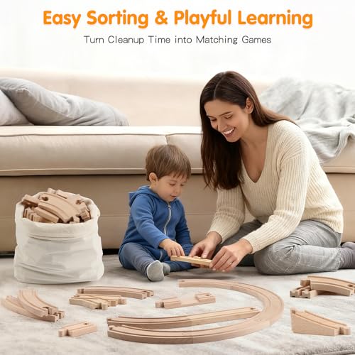 Qilay Wooden Train Track Set - 62PCS Track Expansion with 1 Bonus Magnetic Trains, Arched Bridge, Storage Bag, Compatible with All Major Brand Train Set for Kids 3+ — view 4