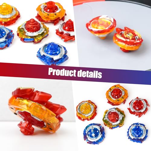 Battle Burst Tops Set with 17.8 Inch Large Stadium, 6 Spinning Tops with Two Launchers, Complete Battle Set (Red)