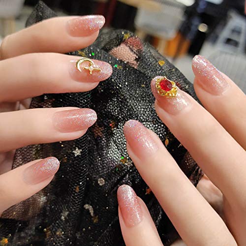 Sethexy Glossy Oval Medium False Nails Pink Glitter Gradient Ruby Studs Full Cover Acrylic 24Pcs Fake Nails Tips for Women and Girls