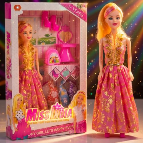 Image of SHAKTISM Doll Set for Girls with Makeup, Dress, Accessories, Wardrobe Closet, Hangers, Necklace, Multicolor, 3 Years and Up (Layana Doll Set)