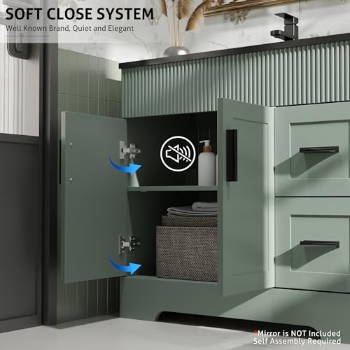 Image of eclife 36 inch Bathroom Vanities Sink Combo with Painted Surface, Modern Drawered Cabinet W /Decorative Wave Lines, Undermount Black White Sink, Matte Black Faucet Drain, Gray Green