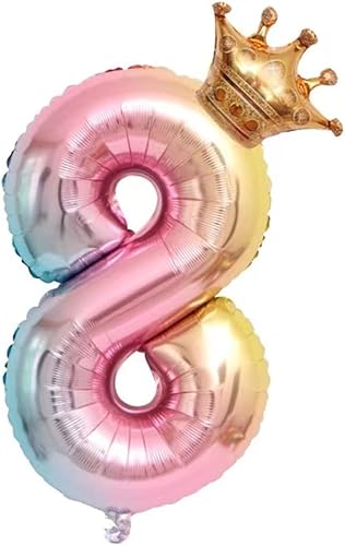 Juego de globos de corona número 8 con degradado de arco iris, globos de octavo cumpleaños para niños, globos de decoración de fiesta de cumpleaños
