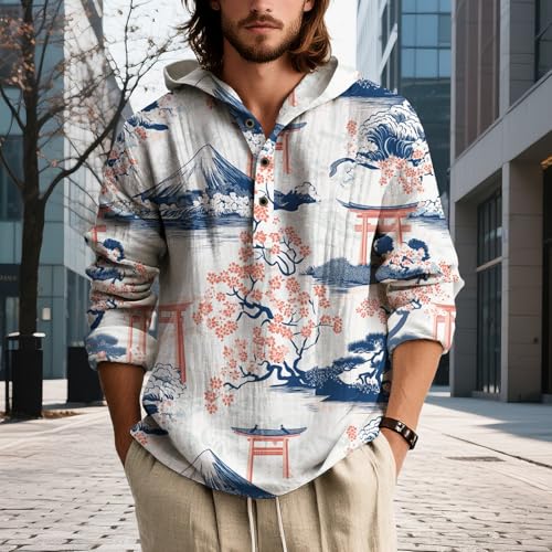 LOAIHA Men's Boho Hooded Terry Cloth Sweatshirt Lightweight Long Sleeve Geometric Print Button Up Casual Vacation Top2