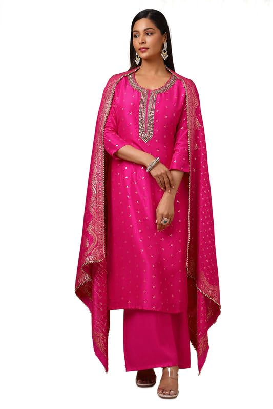 Tessuto: Misto Seta Soch Completo da donna in misto seta fucsia Zari tessuto con perline e pietre, Fucsia, S