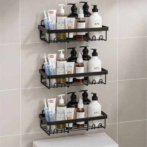Image of JD FRESH Stainless-Steel Self-Adhesive Bathroom Organiser Without Drill /Bathroom Shelves with Magic Stickers /Wall Mounted Shower Caddy Shelf for Home Decor /Storage Rack for Kitchen - 3 Pack (Black)