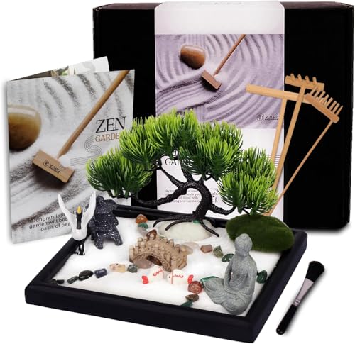 Mini jardim zen para mesa – decoração japonesa de 20 x 18 cm, jardim de rochas, 15 itens – presentes