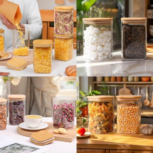 Image of Square Glass Food Storage Containers with Airtight Bamboo Lid, 1200 ml Thickened Coffee Storage Jars for Home Kitchen,Spices, Snack set of 12 (12, SQUARE BAMBOO LID GLASS JAR 1200 ml -)