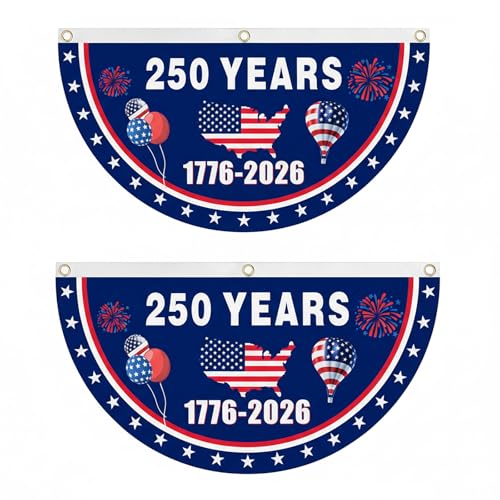 2-Pack 250th American Anniversary Bunting Flags 1.5x3 Ft - USA 1776-2026 Semiquincentennial Flat Fan Banner with Brass Grommets for Patriotic Outdoor Garden & Porch Decorations