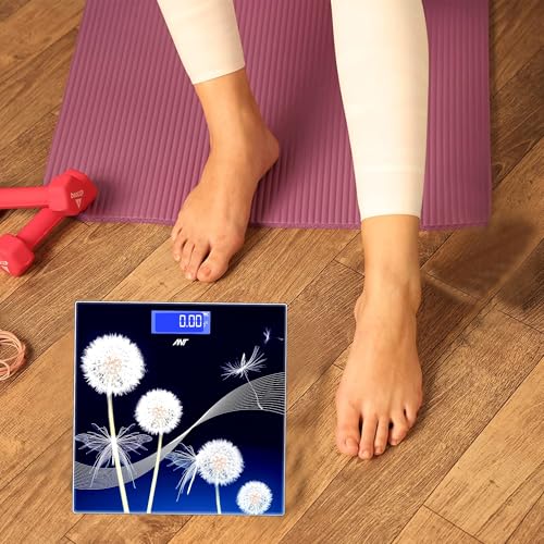 Image of ANT Flora Dandelion Digital Bathroom Weighing Scale, 180 kg Capacity, High Precision Sensors, Wide LCD Display, 5 mm Tempered Glass Body Weight Machine for Home & Gym with 30 Months Warranty (Black)