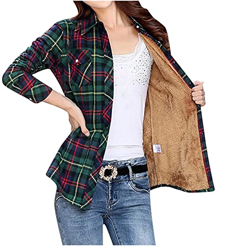 Hatoys Plush Lined Long Sleeve Shirts for Women Tartan Checkered Plaid Shirt Button Front Slim Warm Winter Blouse