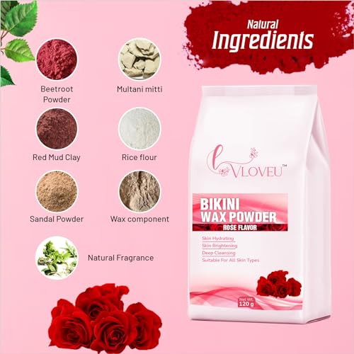 Image of VLOVEU - Rose Bikini Wax Powder for Women - 120g, Pack of 1 | 5 Minutes Painless Herbal Wax Powder for Hair Removal | Easy to Use at Home, No Chemicals - No Irritation, Bikini Wax for Women and Girls